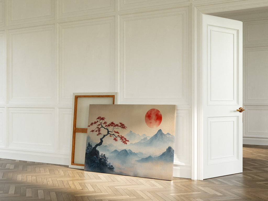 Japanese Landscape Wall Art – Red Sun and Bonsai Mountain Print