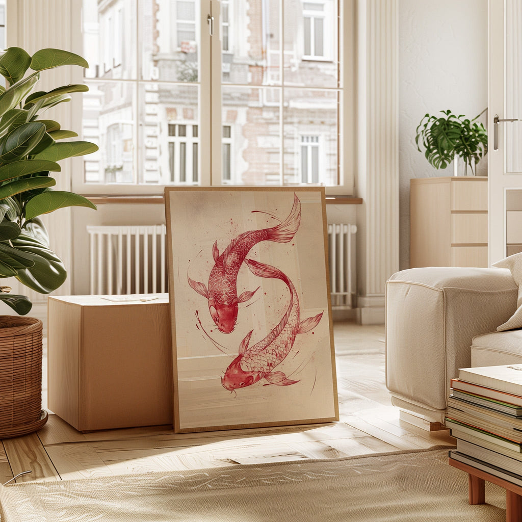 Koi Fish Wall Art – Minimalist Japanese Ink Print, Zen Decor
