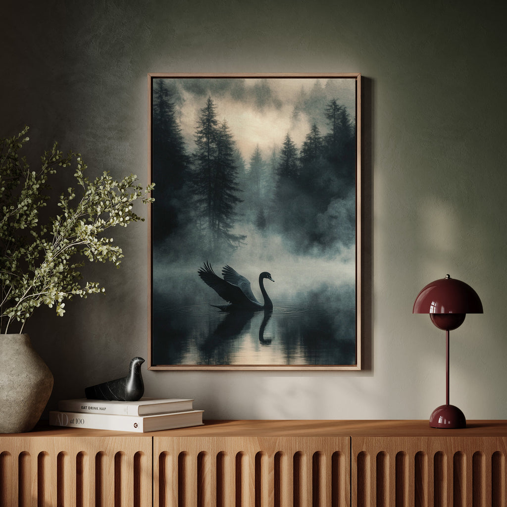 Black Swan in the Forest Mist