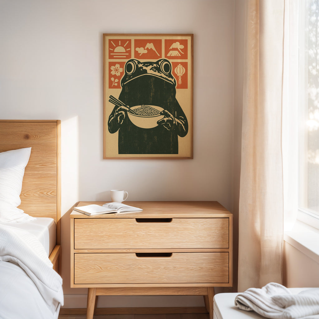 Ramen Frog in Retro Woodblock Style