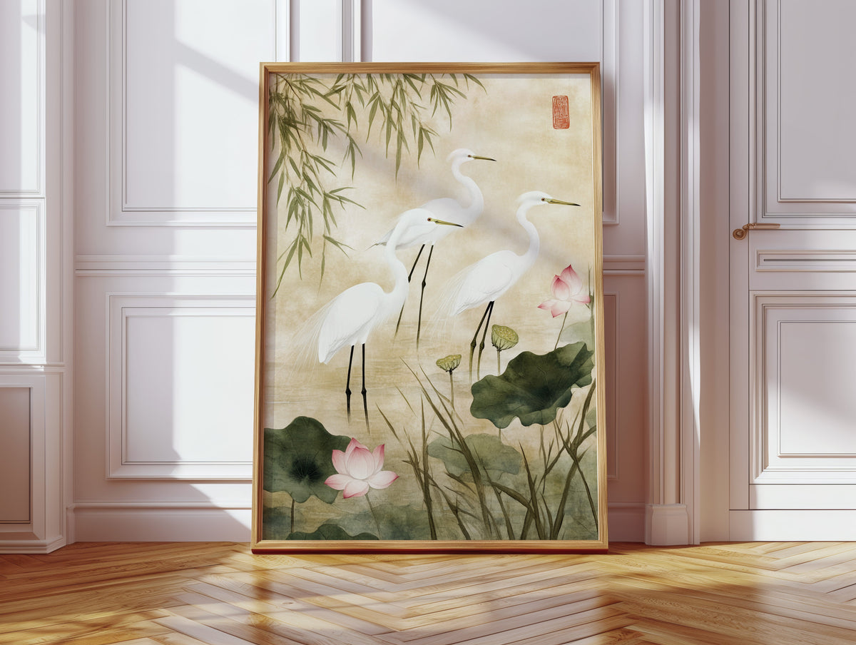 Japanese Egret Wall Art – Elegant Minimalist Nature Print
