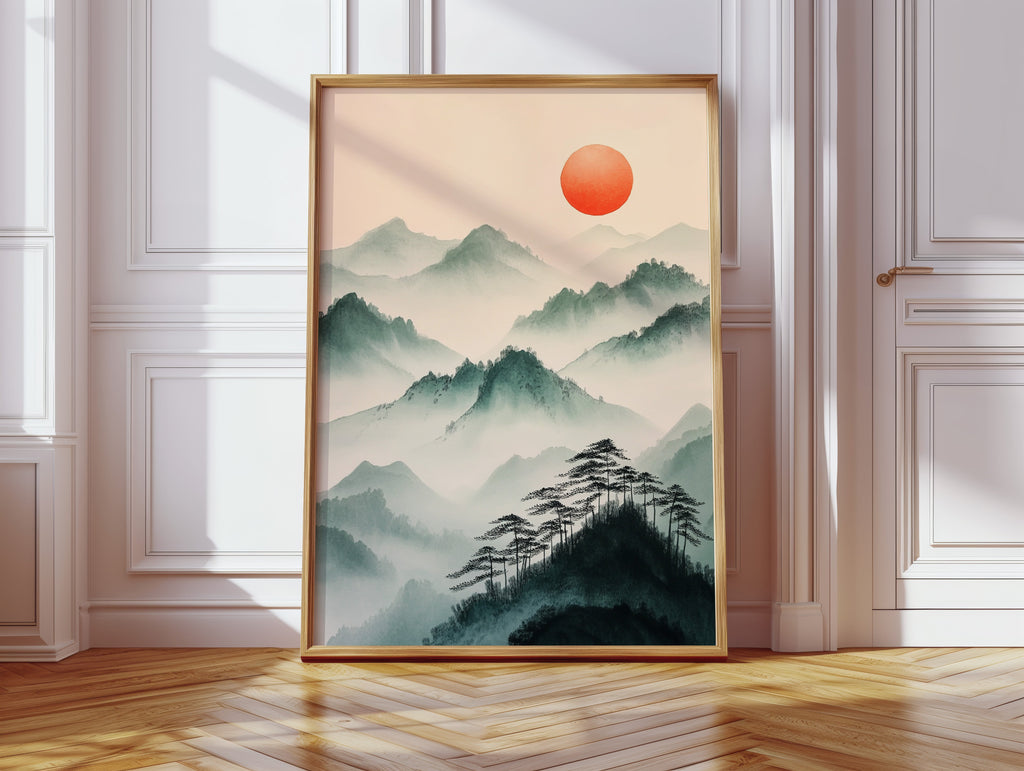 Misty Mountain Sunrise – Tranquil Asian-Inspired Landscape Print