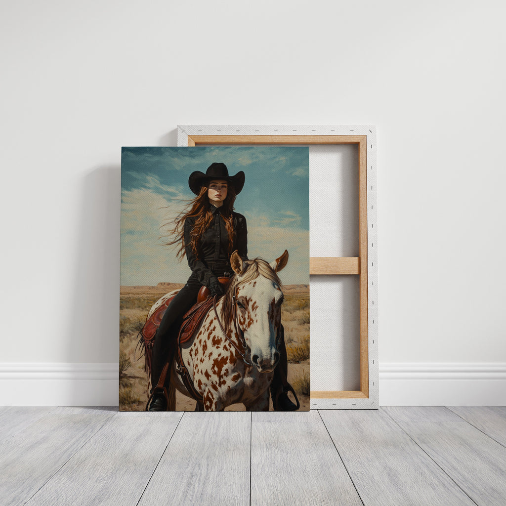 Desert Reins – Cowgirl on Paint Horse Portrait