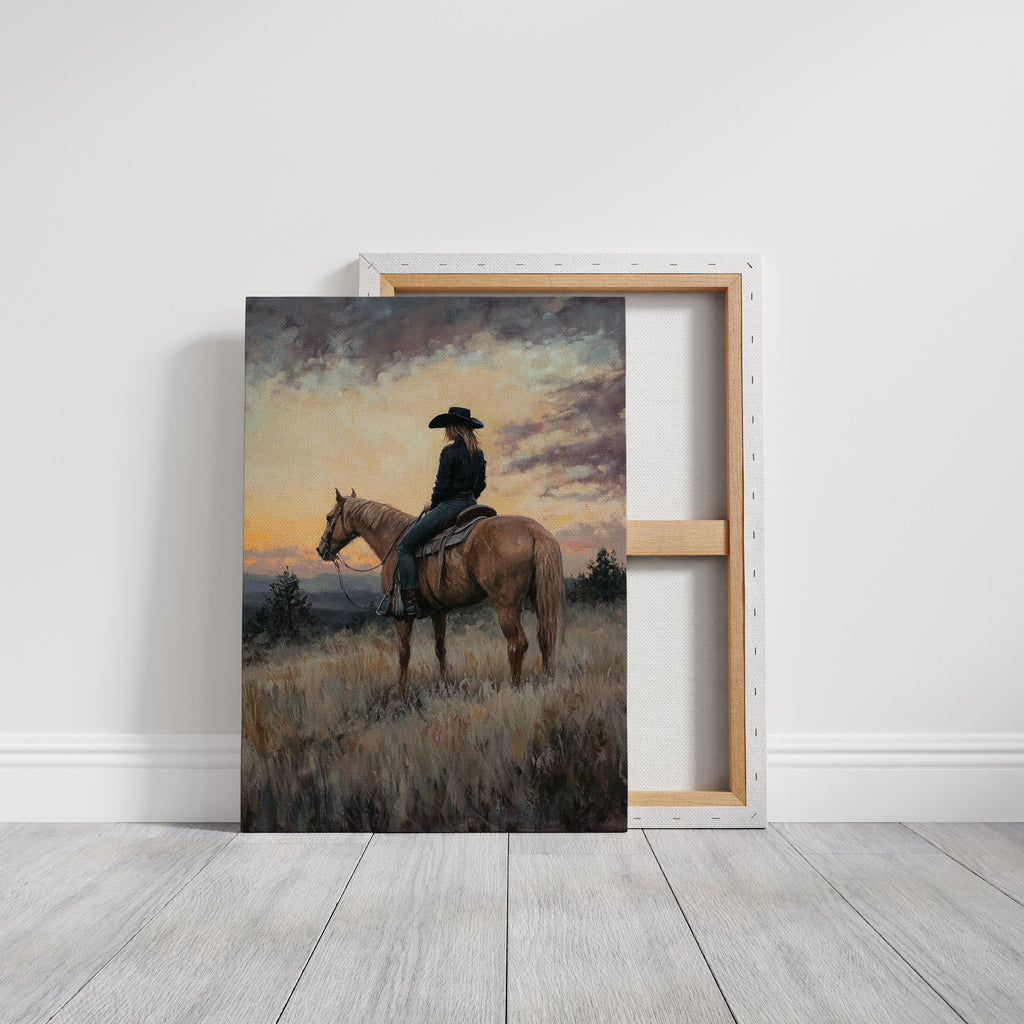 Evening Watch – Cowgirl and Horse at Sunset