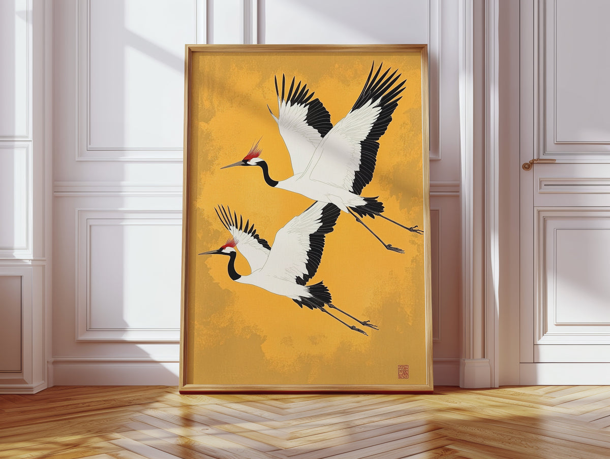 Japanese Red-Crowned Cranes – Elegant Minimalist Wall Art