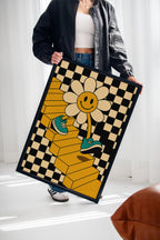 Groovy Daisy Vibes – Retro Checkerboard Flower Print