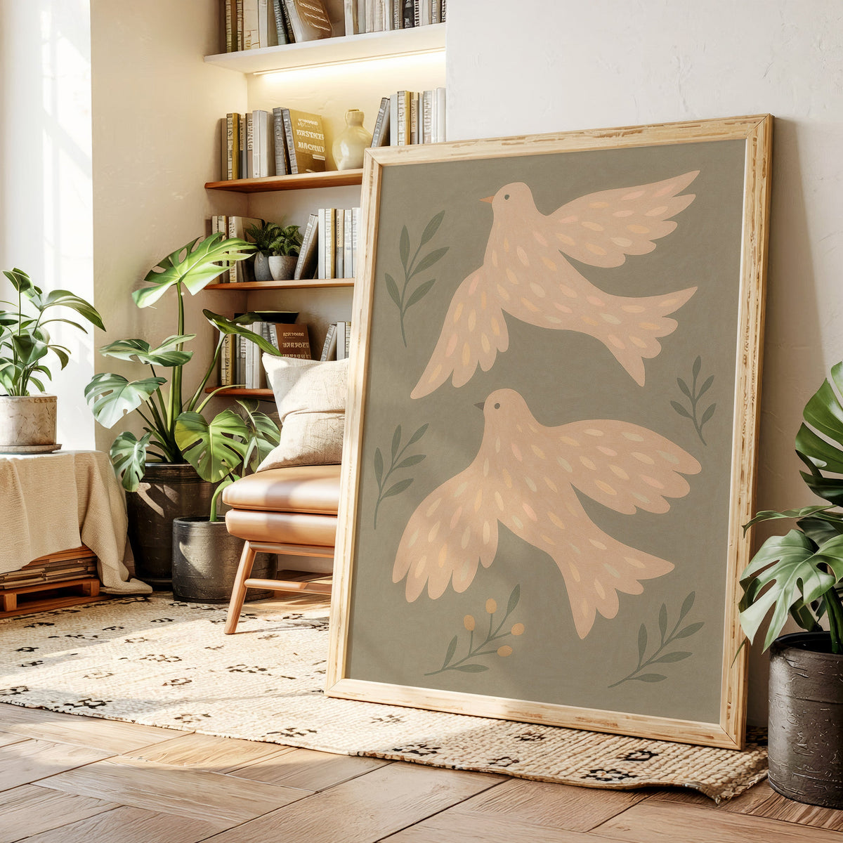 Blush Doves in Olive Sky