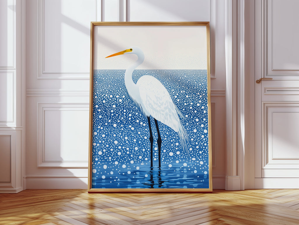 White Egret in Snowfall – Elegant Minimalist Bird Wall Art