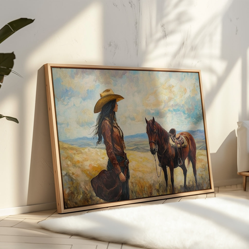Cowgirl and Her Mustang on the Open Range