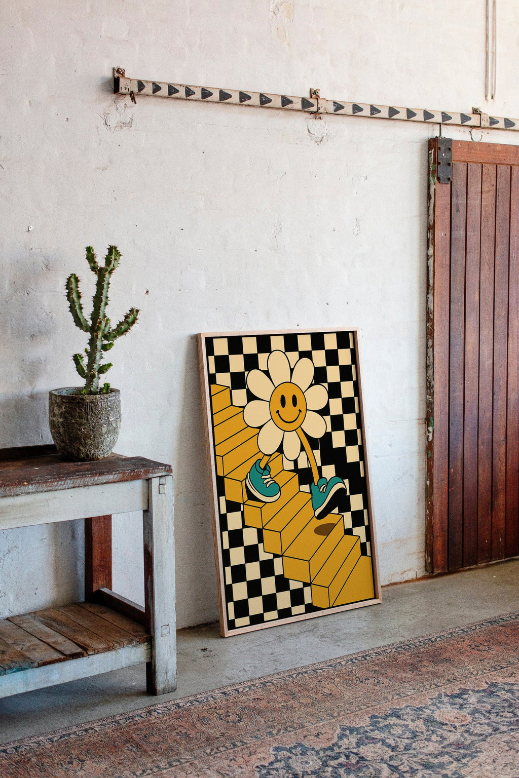 Groovy Daisy Vibes – Retro Checkerboard Flower Print