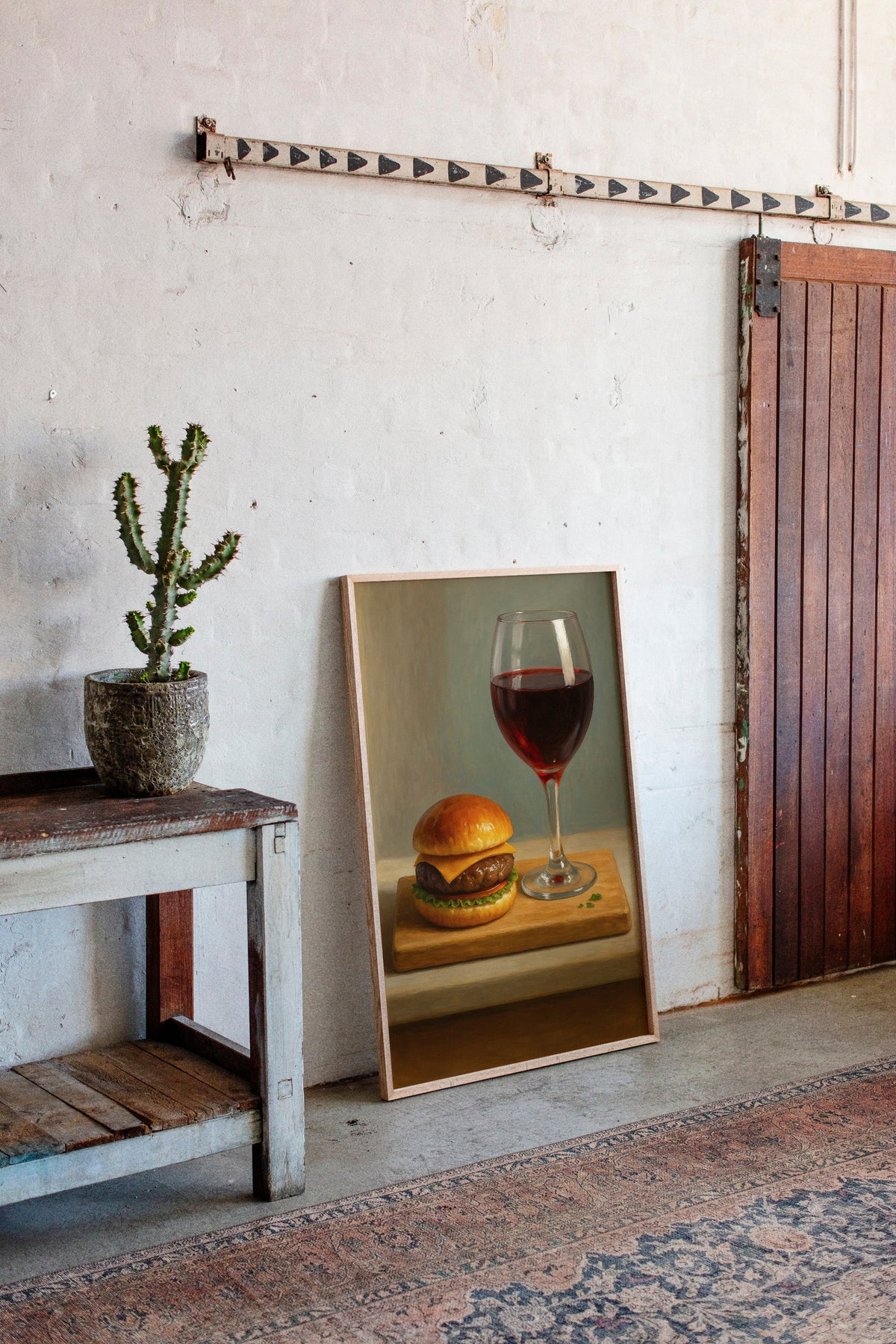 Burger and Bordeaux Still Life