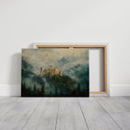 Misty Mountain Castle: Ethereal Fantasy Landscape Canvas Wall Art