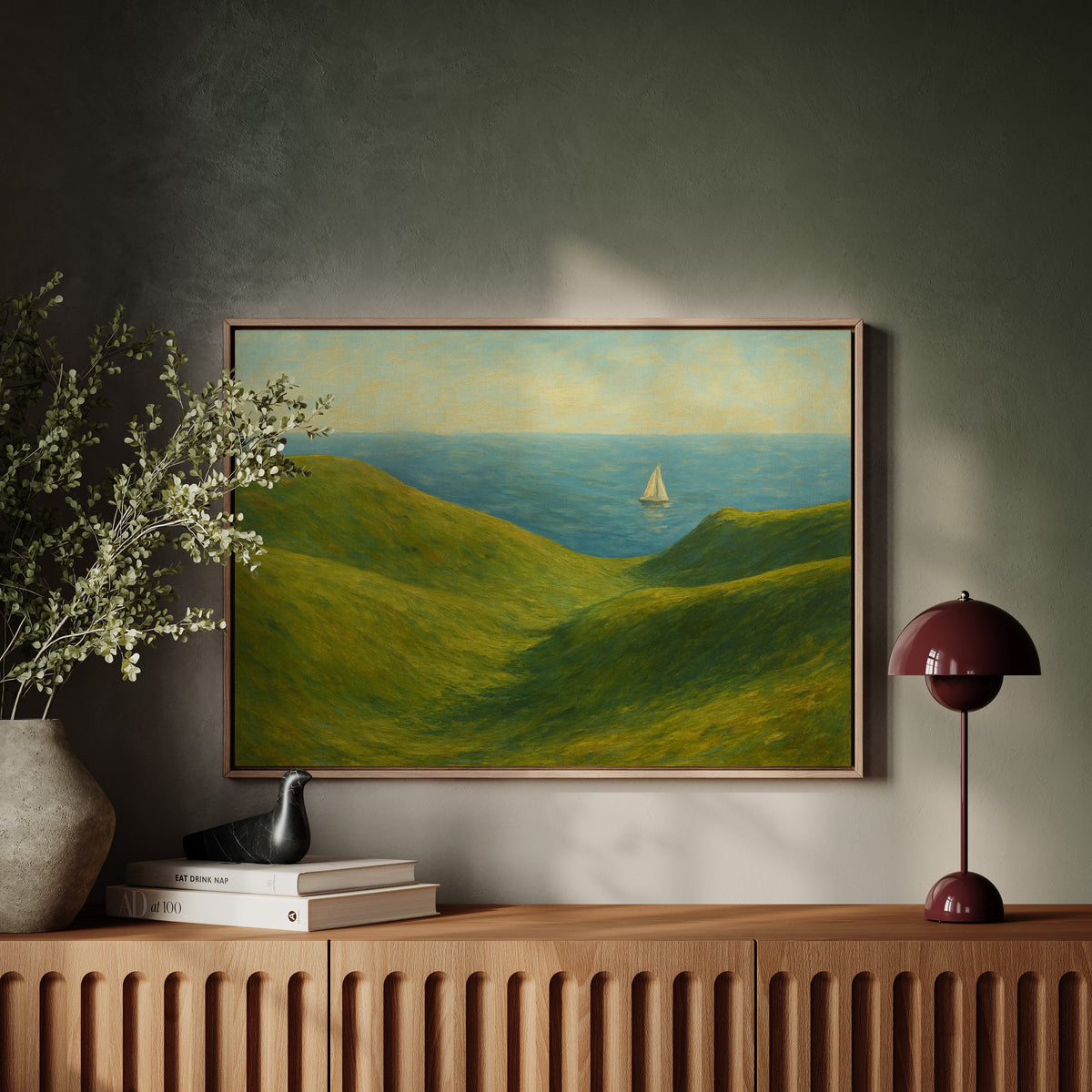 Sailboat Beyond the Green Hills