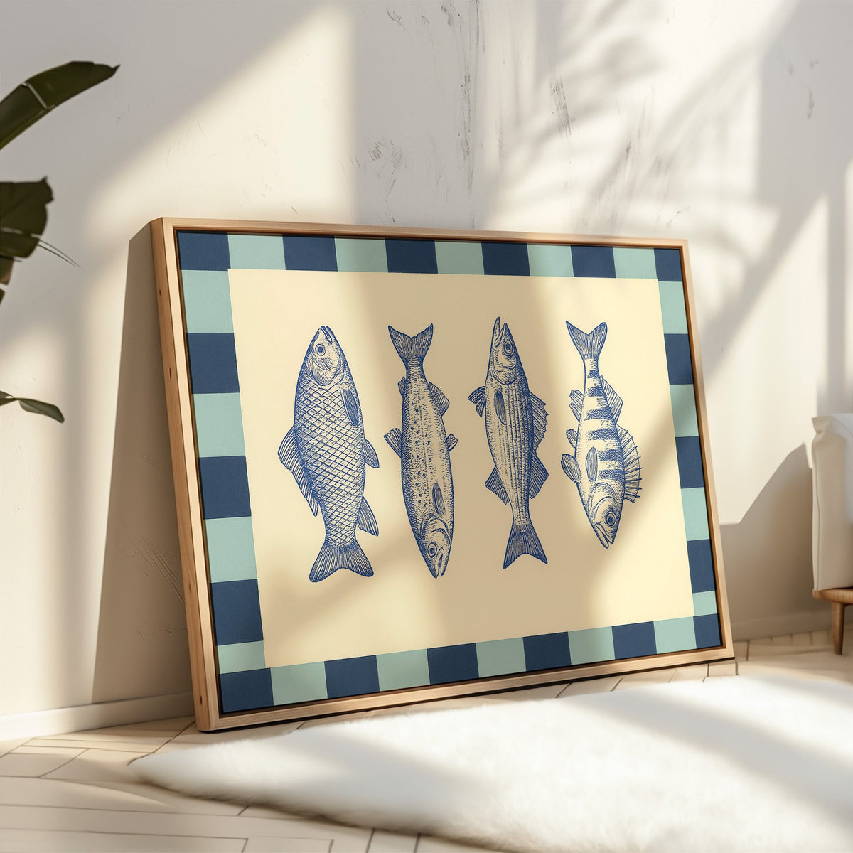 Vintage Fish Quartet on Checkerboard Blue