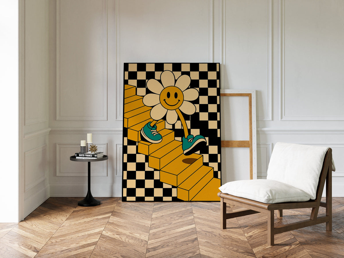 Groovy Daisy Vibes – Retro Checkerboard Flower Print
