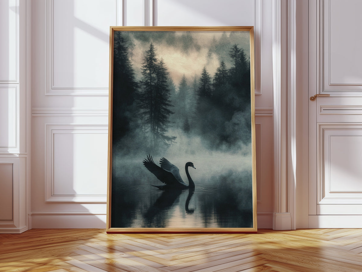 Black Swan in the Forest Mist