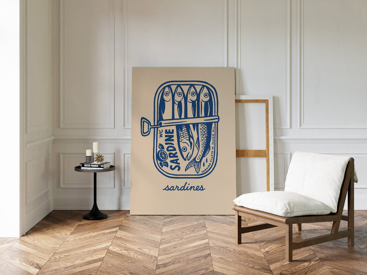 Retro Sardine Tin Wall Art – Blue & Beige Kitchen Decor
