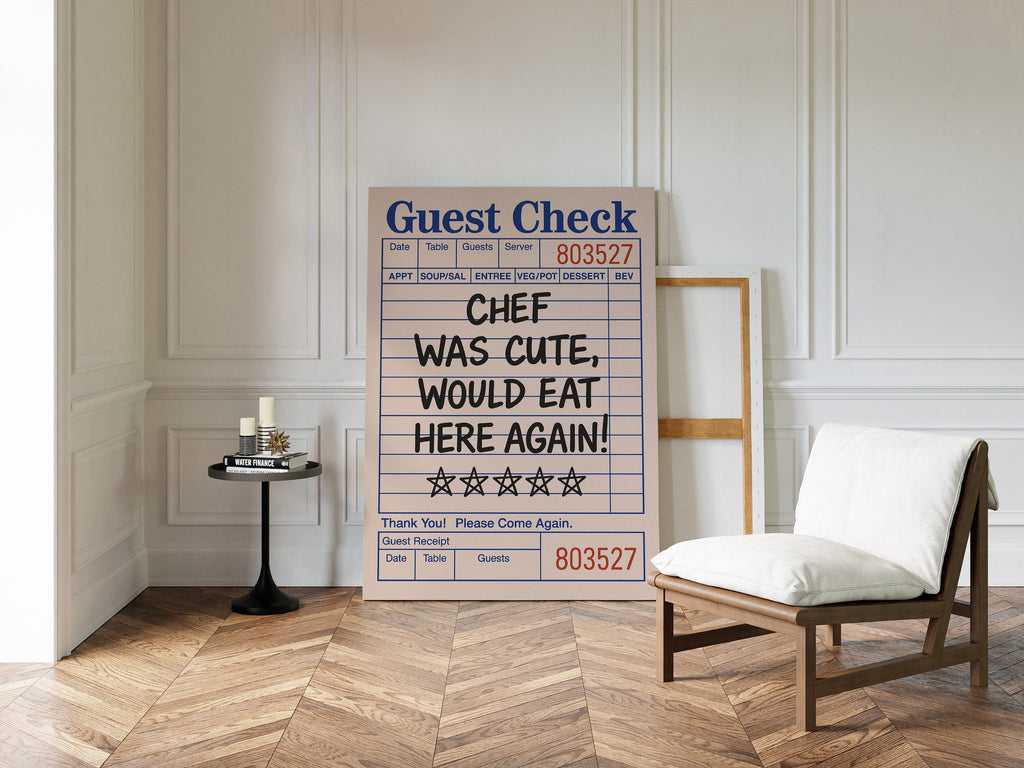 Funny Guest Check Wall Art – “Chef Was Cute” Diner Poster