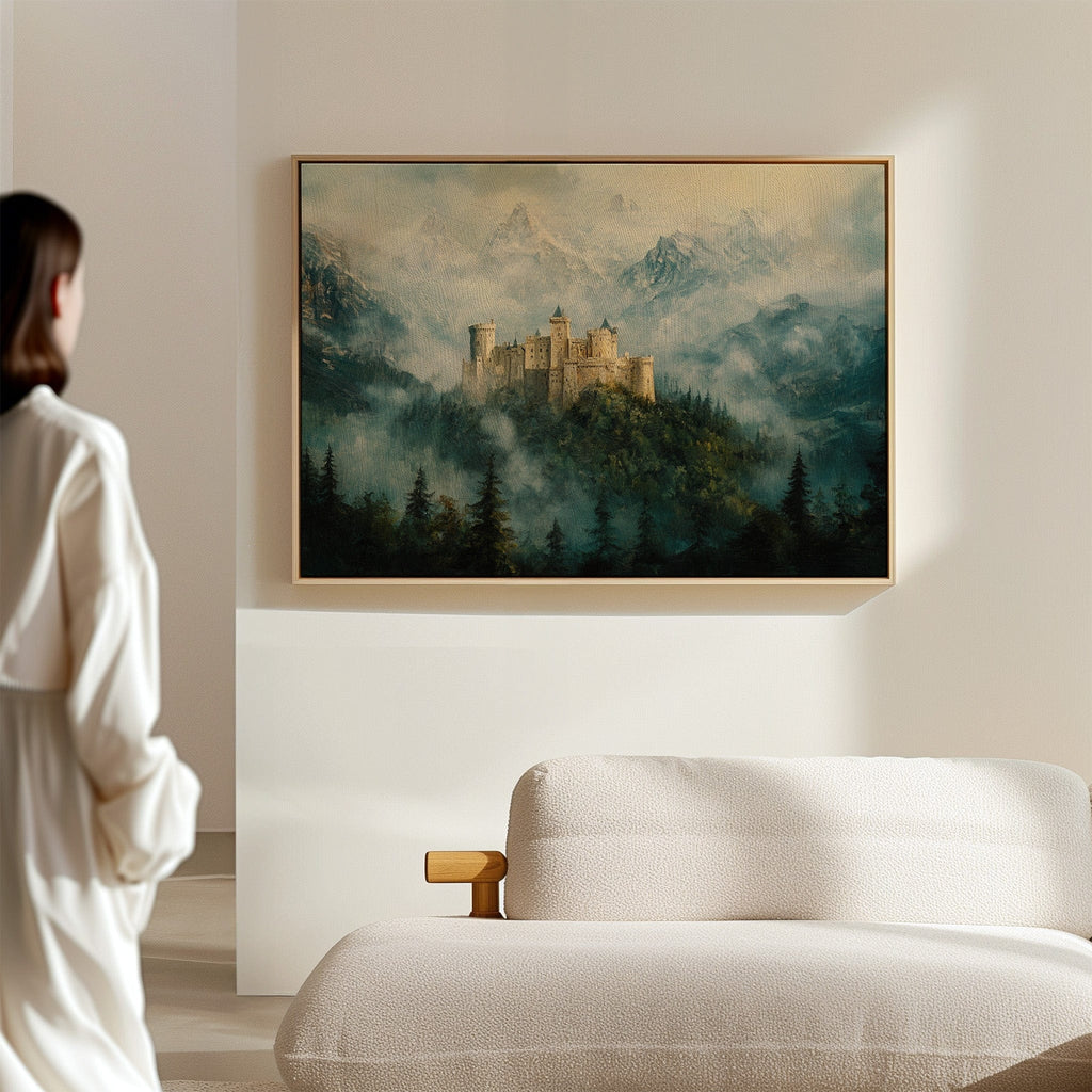 Misty Mountain Castle: Ethereal Fantasy Landscape Canvas Wall Art