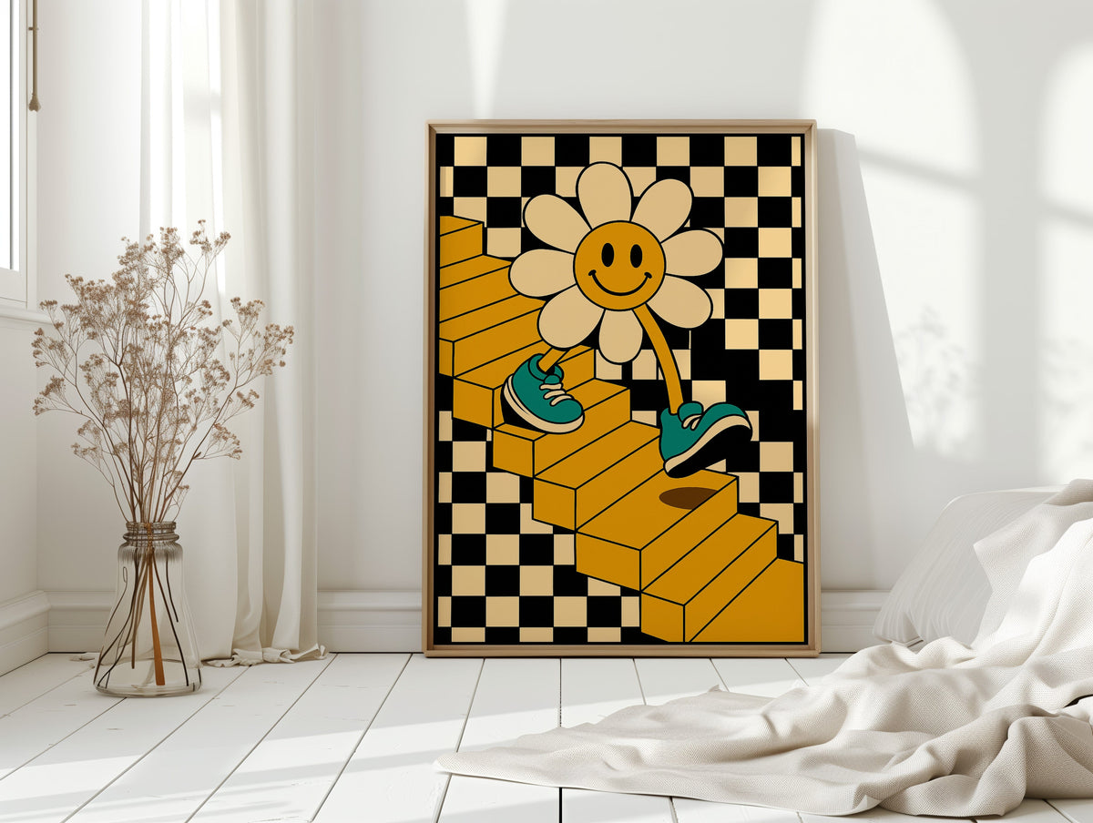 Groovy Daisy Vibes – Retro Checkerboard Flower Print