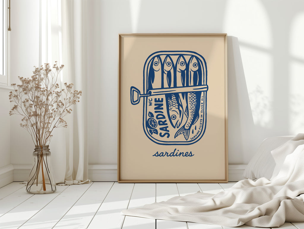 Retro Sardine Tin Wall Art – Blue & Beige Kitchen Decor