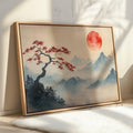 Japanese Landscape Wall Art – Red Sun and Bonsai Mountain Print