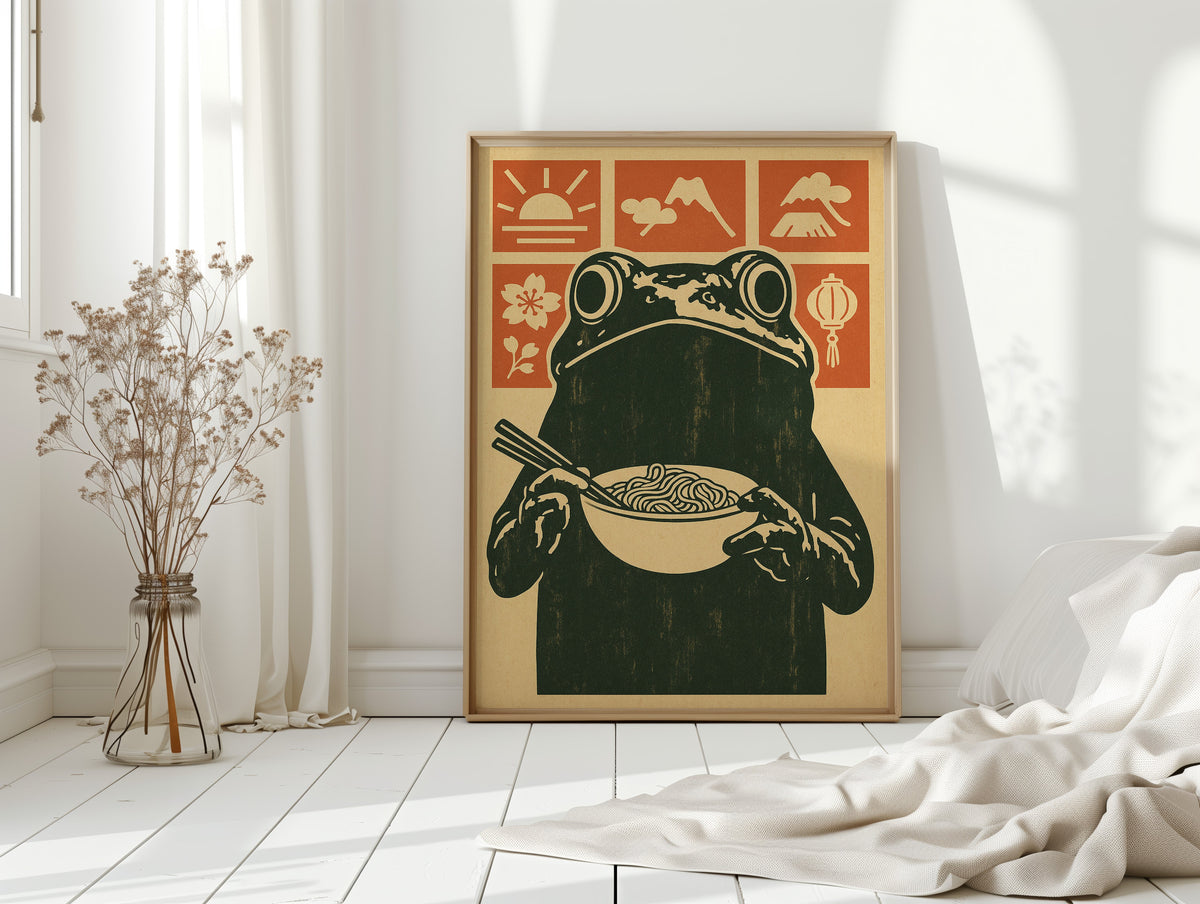 Ramen Frog in Retro Woodblock Style