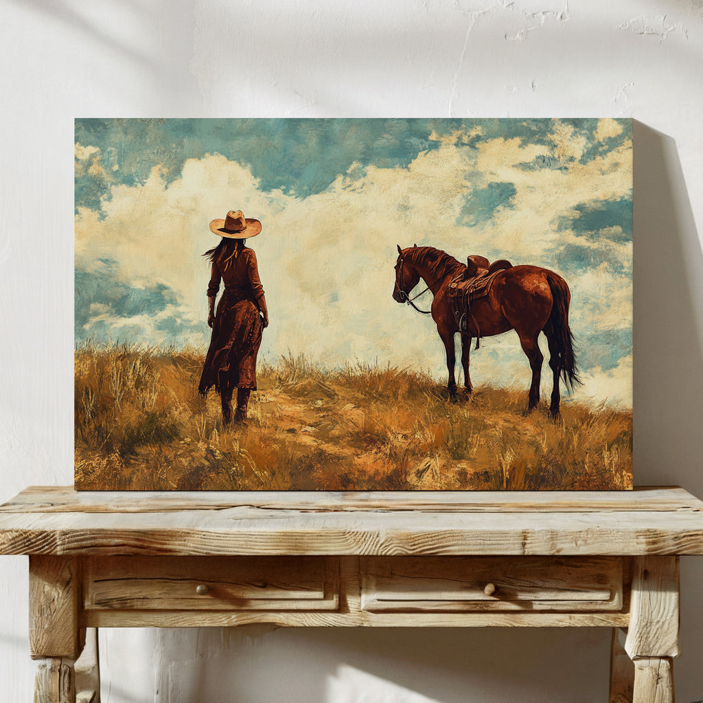 Cowgirl and Horse Under Big Sky