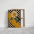 Groovy Daisy Vibes – Retro Checkerboard Flower Print