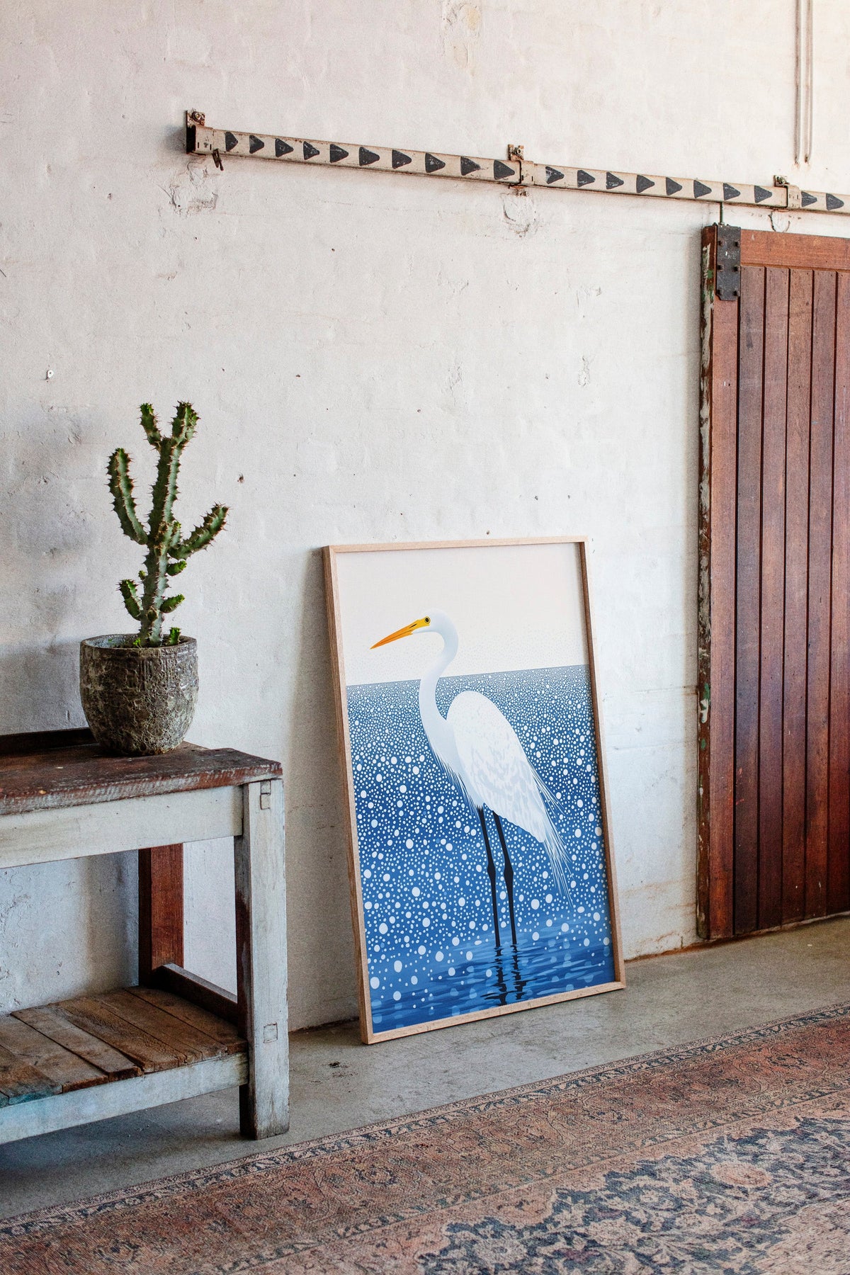 White Egret in Snowfall – Elegant Minimalist Bird Wall Art