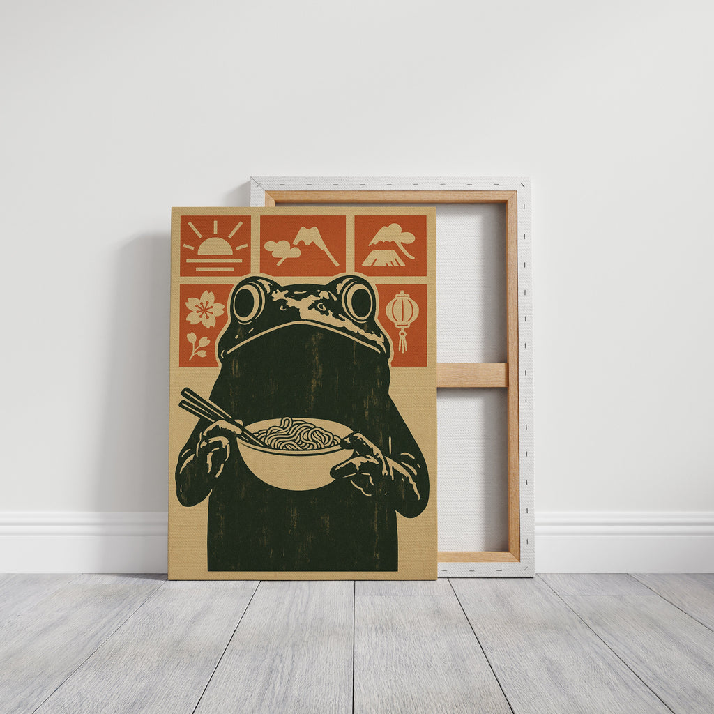 Ramen Frog in Retro Woodblock Style