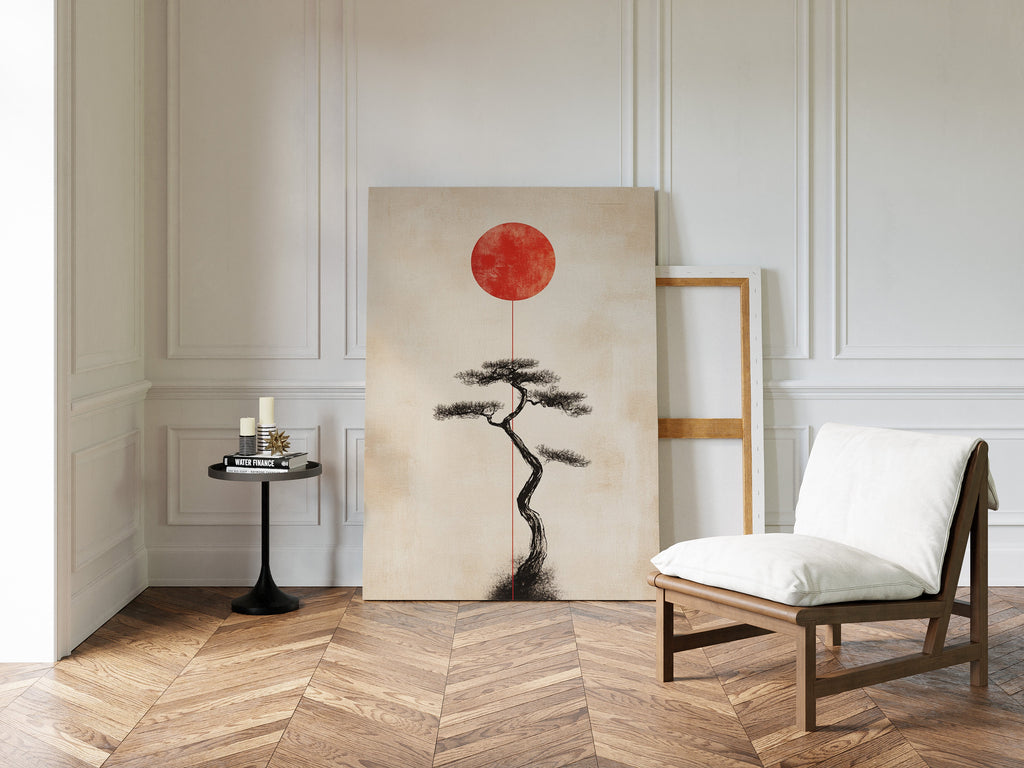 Minimalist Bonsai & Rising Sun – Japanese Zen-Inspired Wall Art