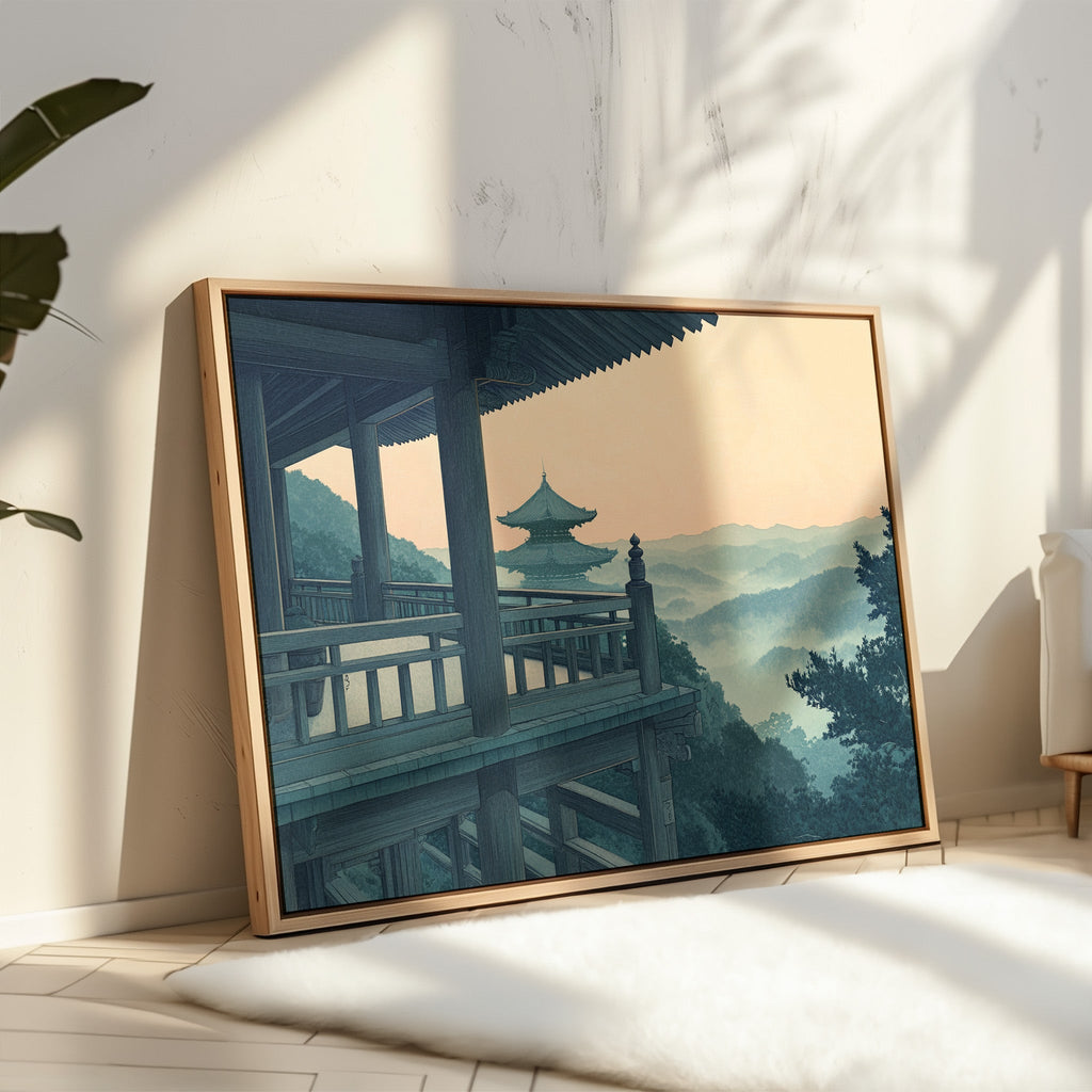 Japanese Temple Balcony – Serene Misty Mountain View Wall Art