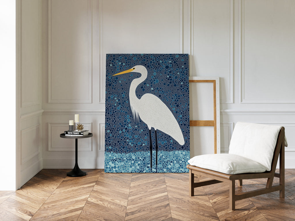 Elegant White Egret – Mosaic-Inspired Bird Wall Art