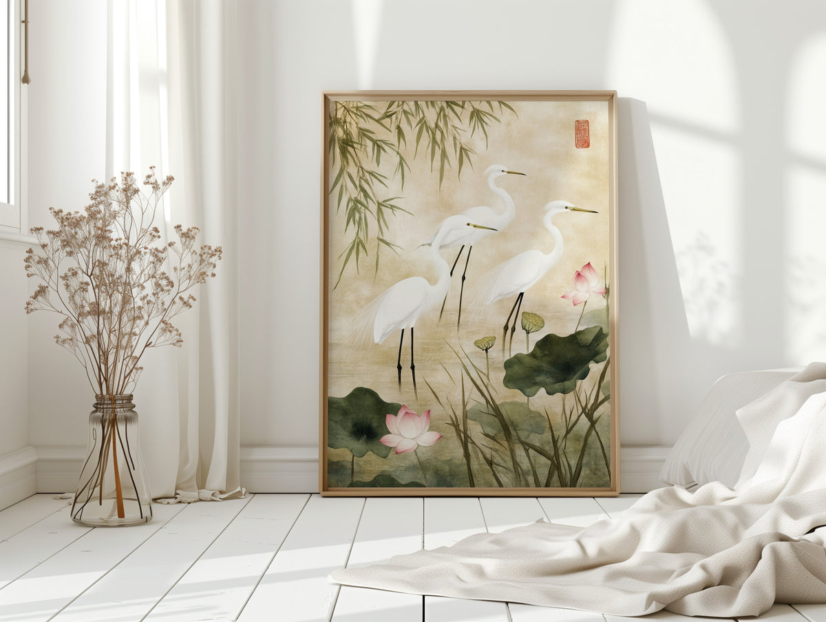 Japanese Egret Wall Art – Elegant Minimalist Nature Print