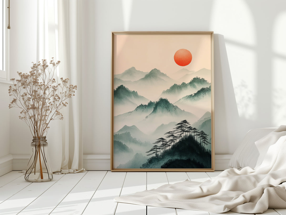 Misty Mountain Sunrise – Tranquil Asian-Inspired Landscape Print