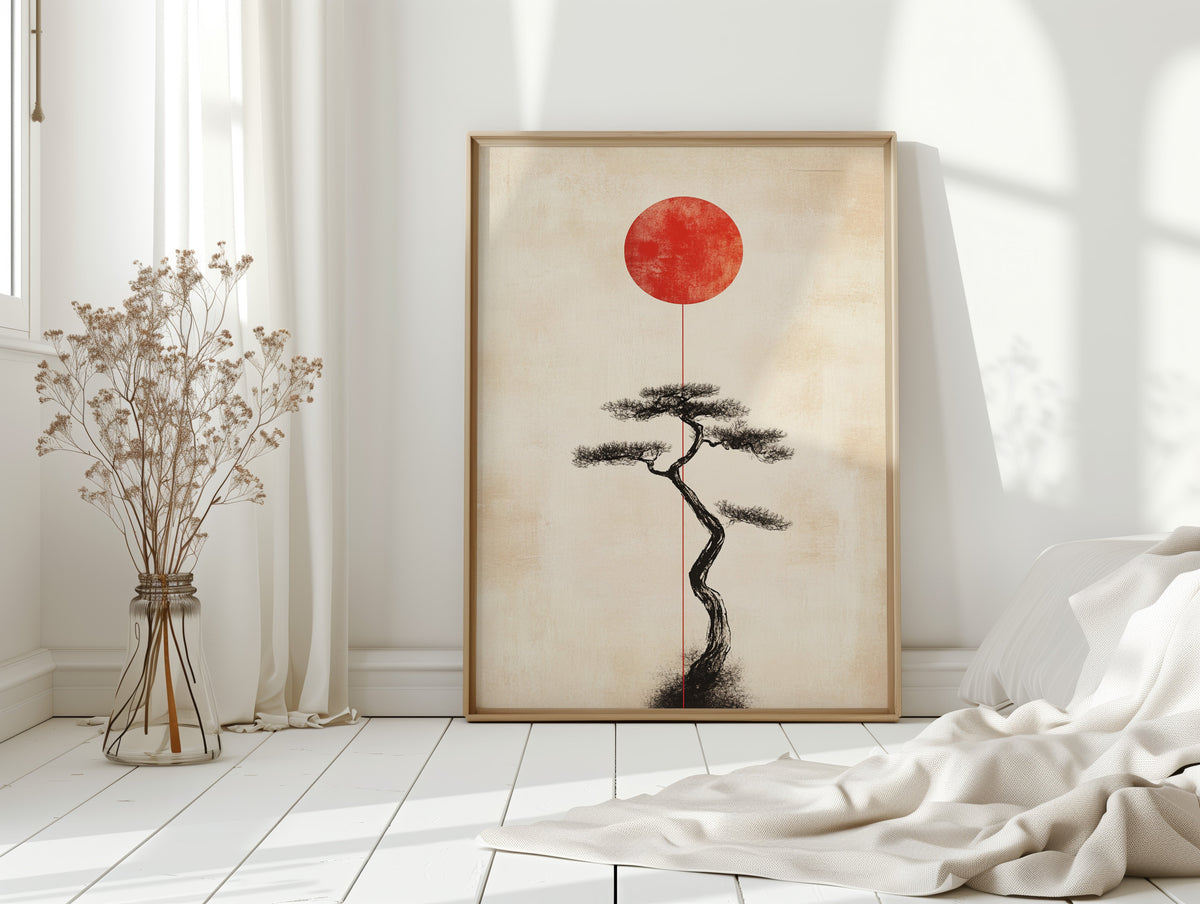 Minimalist Bonsai & Rising Sun – Japanese Zen-Inspired Wall Art