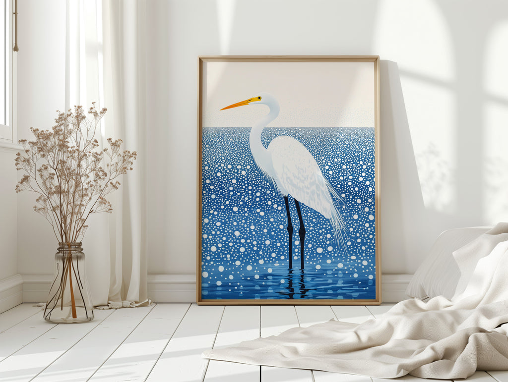White Egret in Snowfall – Elegant Minimalist Bird Wall Art