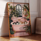 Cat Spa Day – Funny Cat Wall Art, Pink Bathtub Aesthetic, Cozy Home Decor