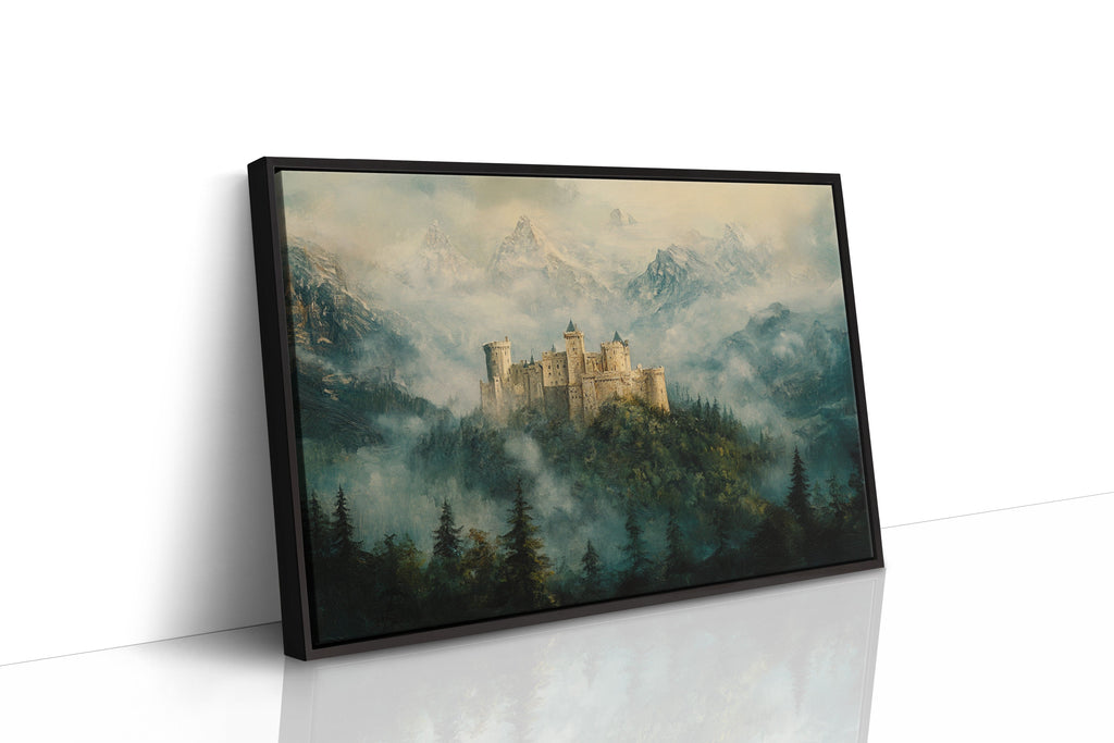 Misty Mountain Castle: Ethereal Fantasy Landscape Canvas Wall Art