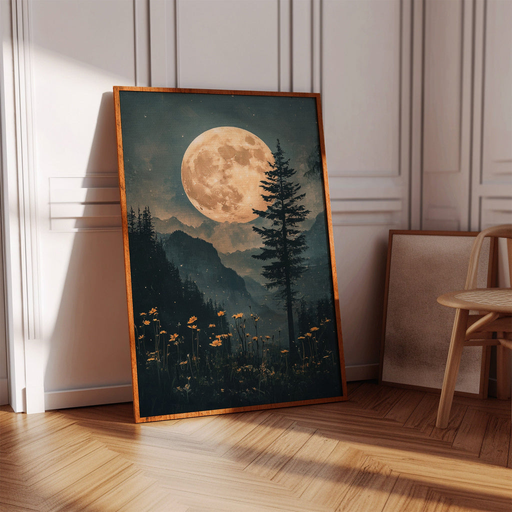 Harvest Moon Forest: Serene Mountain Landscape Canvas Wall Art
