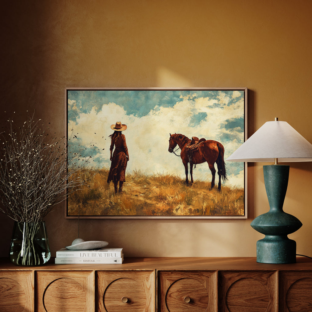 Cowgirl and Horse Under Big Sky