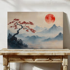 Japanese Landscape Wall Art – Red Sun and Bonsai Mountain Print