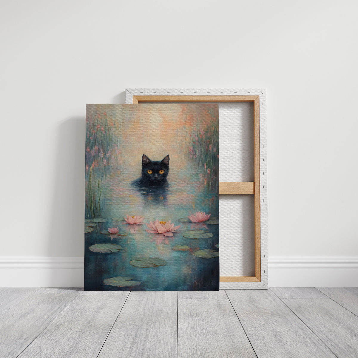 Mystical Black Cat in Water – Dreamy Water Lily Painting