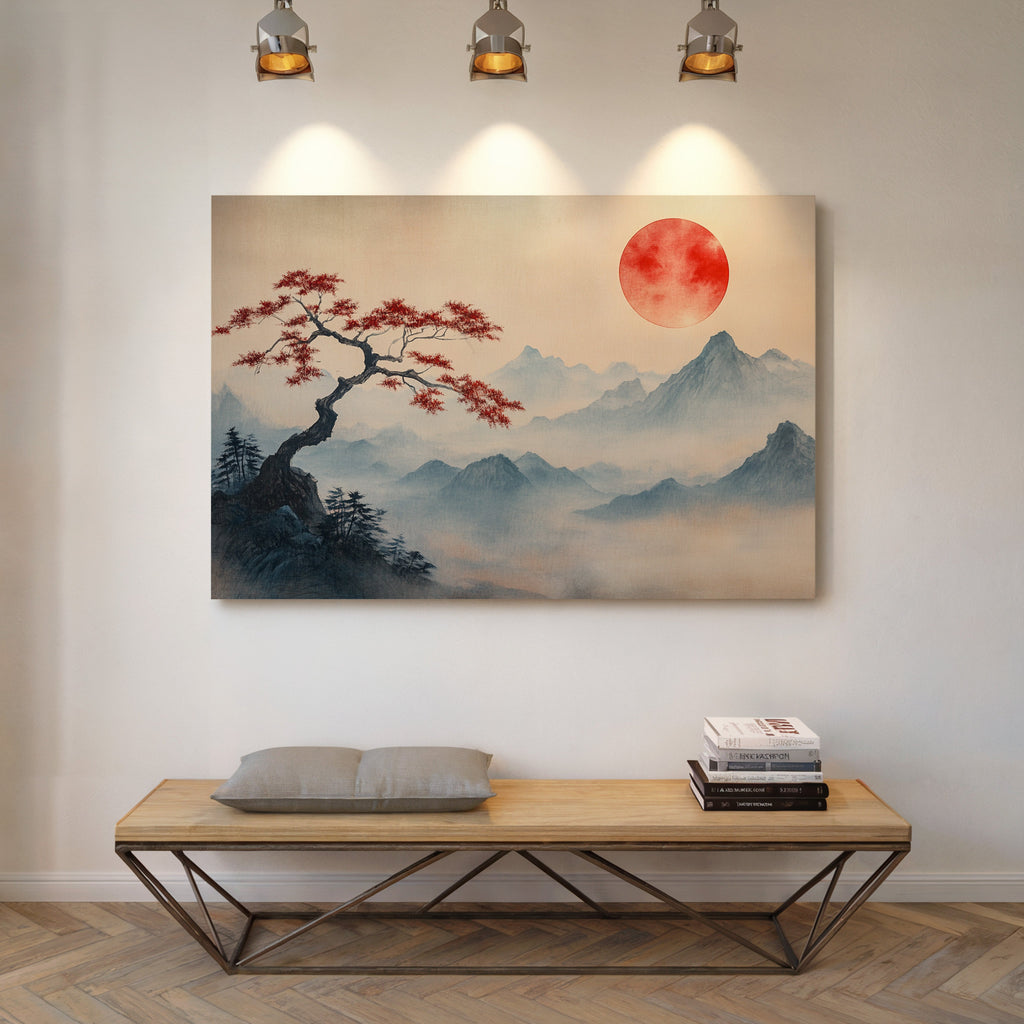 Japanese Landscape Wall Art – Red Sun and Bonsai Mountain Print