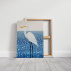 White Egret in Snowfall – Elegant Minimalist Bird Wall Art