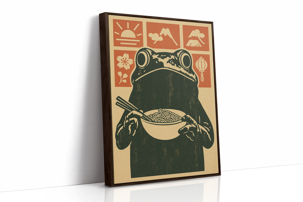 Ramen Frog in Retro Woodblock Style