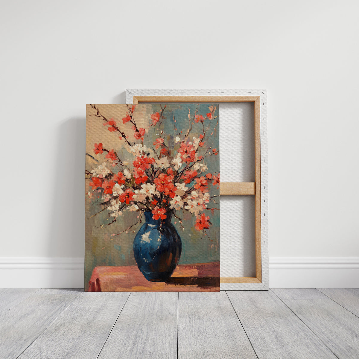 Cherry Blossom Oil Painting – Impressionist Floral Vase Wall Art