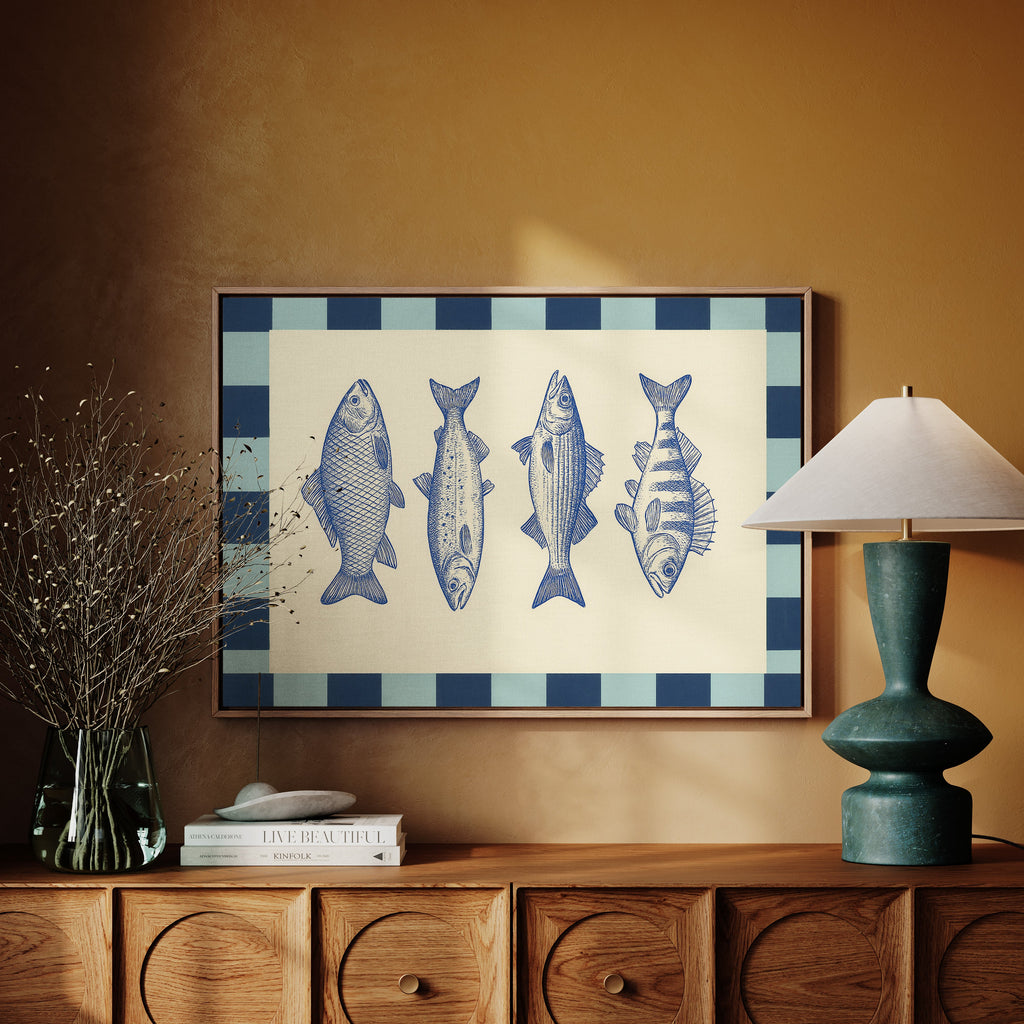 Vintage Fish Quartet on Checkerboard Blue