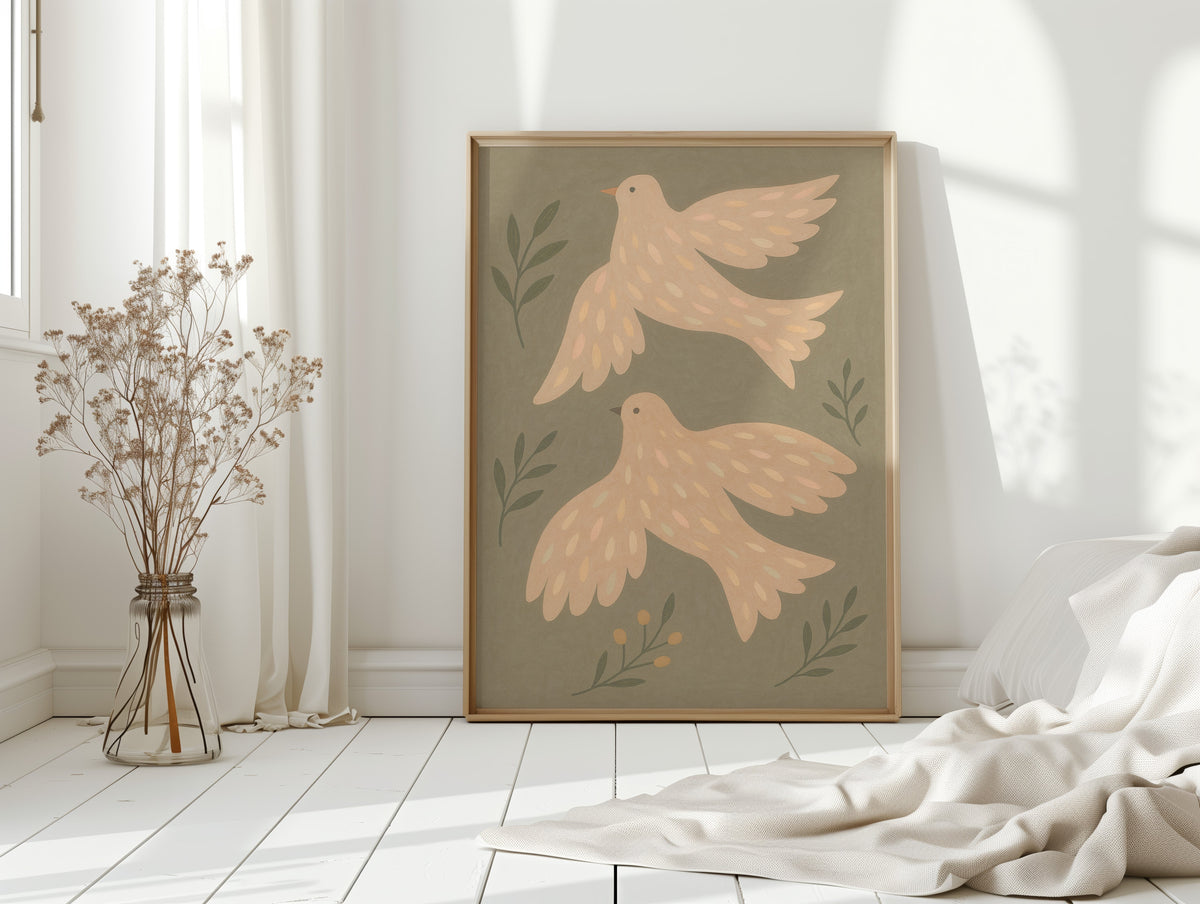 Blush Doves in Olive Sky
